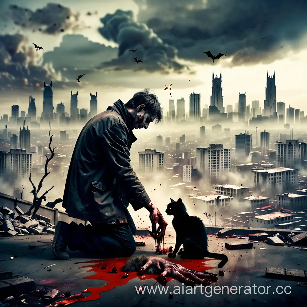 Man-with-Bloodied-Hands-and-Dead-Cat-in-Desolate-Cityscape