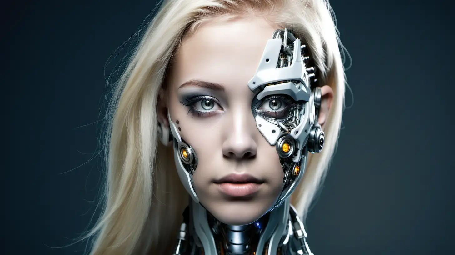 Cyborg woman, 18 years old. She has a cyborg face, but she is extremely beautiful. She has blond hair.