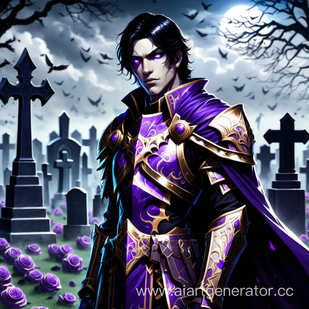человек с фиолетовыми глазами, черными волосами, паладин нарушивший клятву, стоит на фоне кладбища
