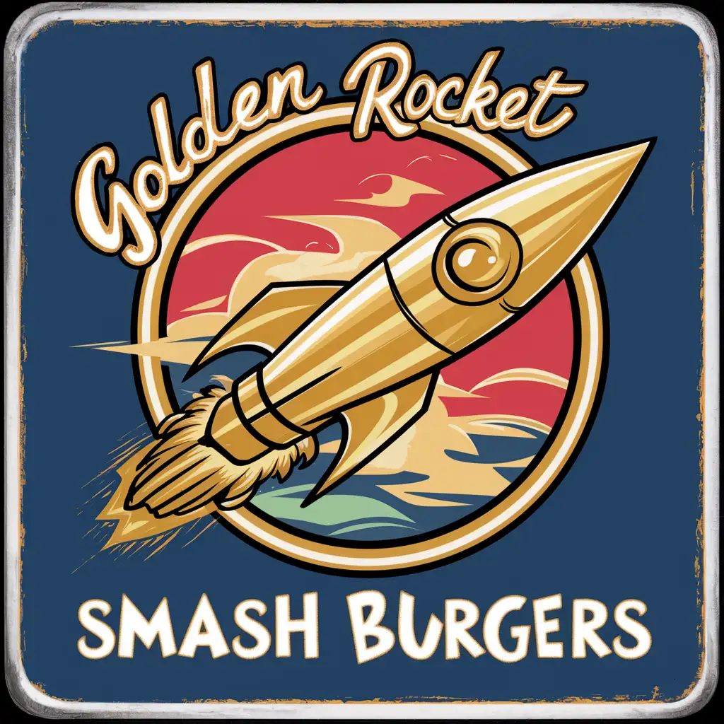 Create a logo for a burger shop called: "Golden Rocket". It is a restaurant and delivery that make smash burgers. The style should be a 50s enamel sign