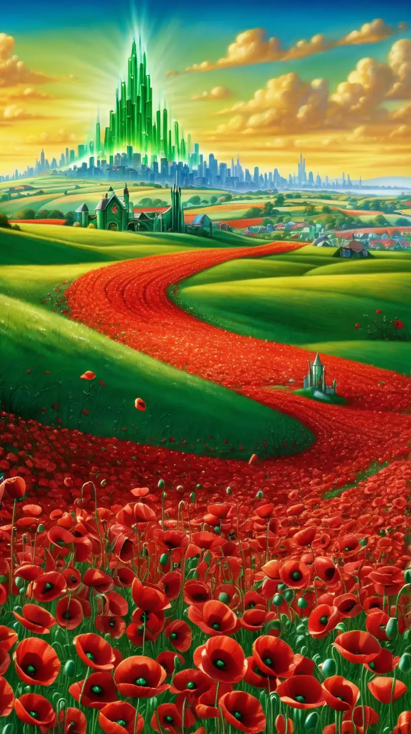 Field of poppies with the emerald city in the distant horizon, vivid, scene from Wizard of Oz movie