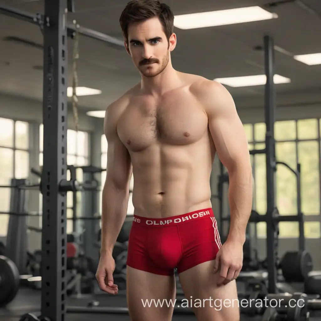 Colin odonoghue is standing in red underwear in the gym