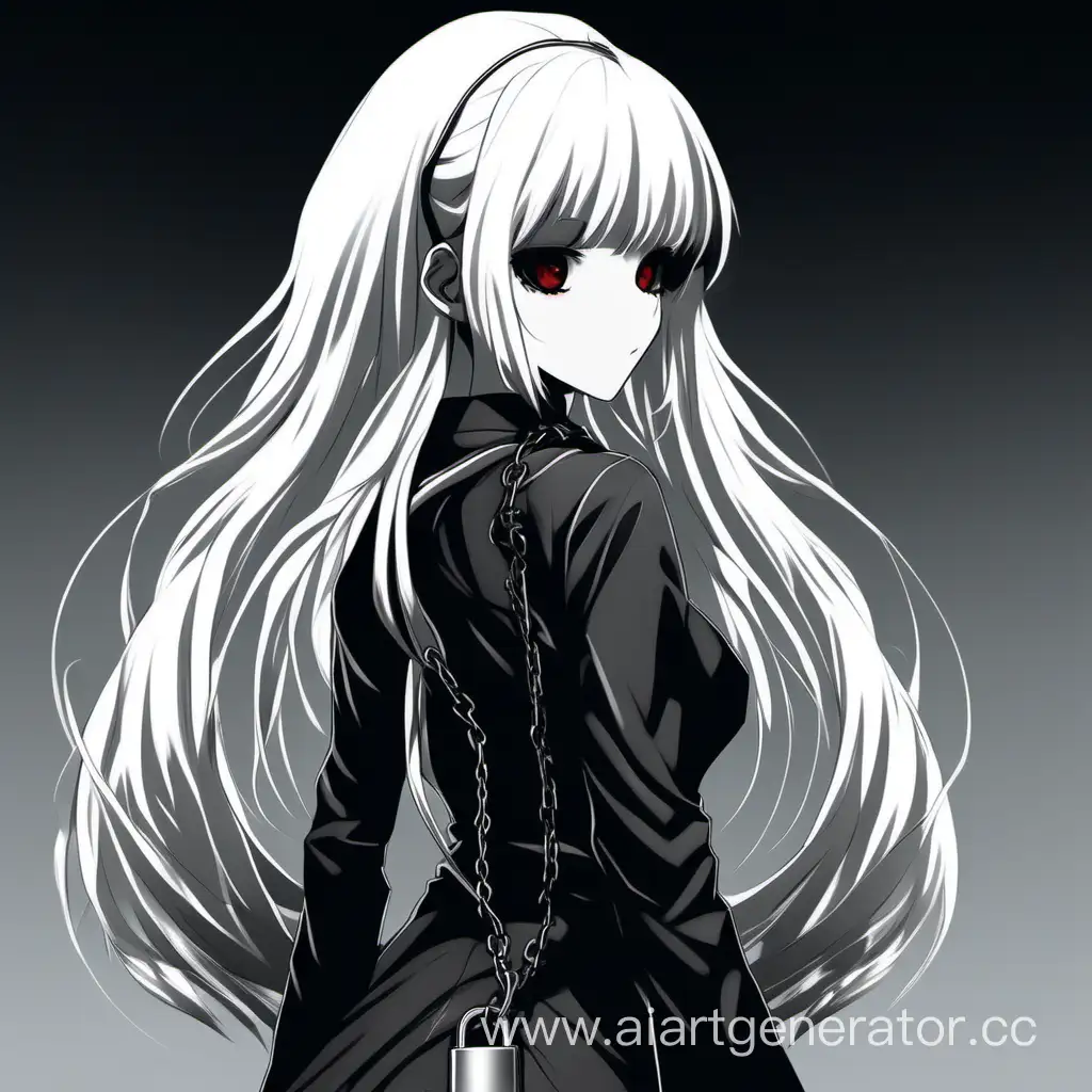 blur anime doll black white on black background with white hair. She stands with her back and a lock behind her