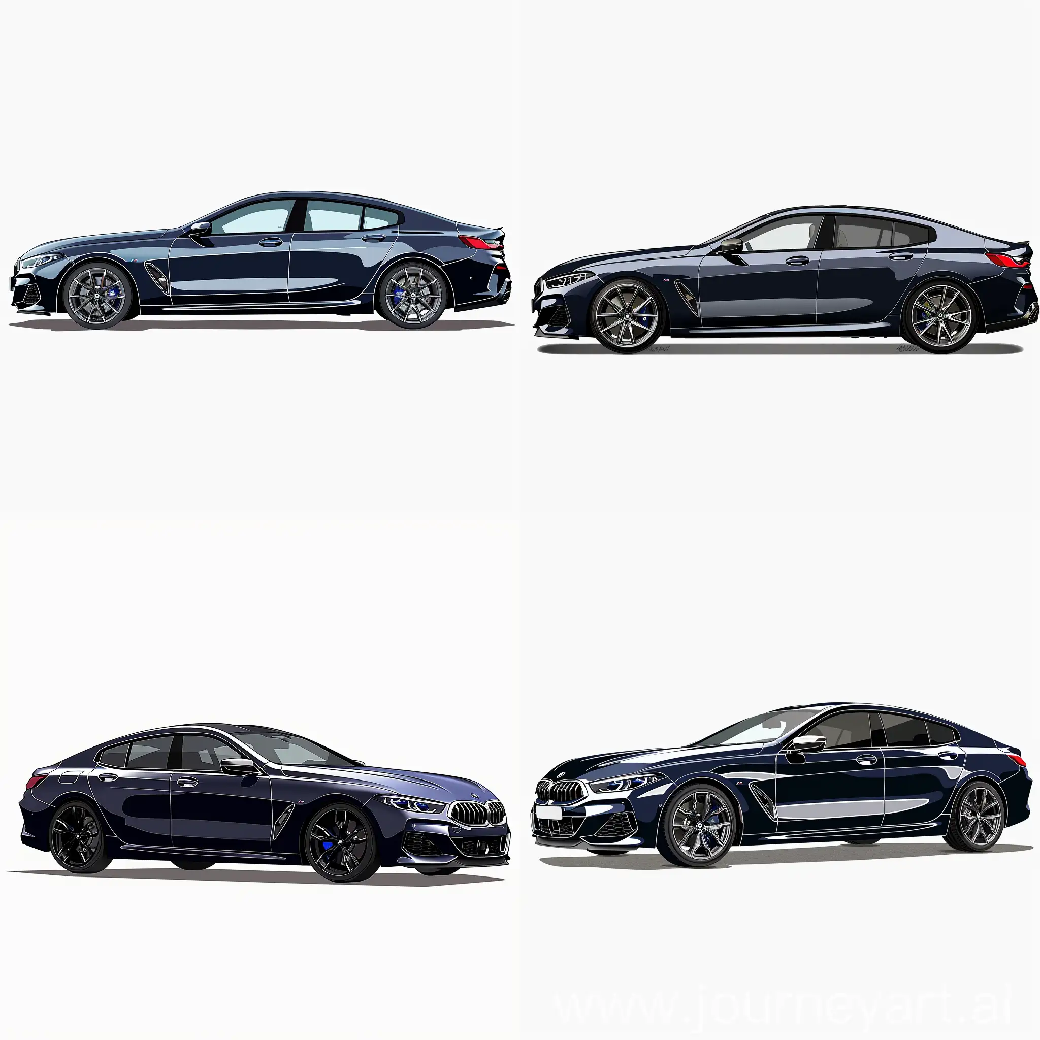Minimalism 2D Car Gesture View Illustration of: Navy Blue BMW 8 Series Gran Coupe, Simple White Background, Adobe Illustrator Software, High Precision