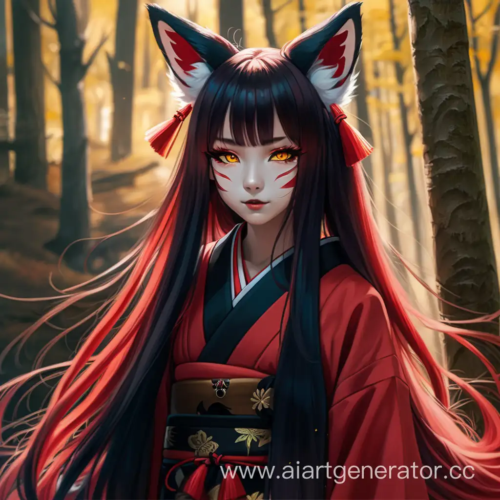1girl, long black and red hair, fangs, fluffy fox ears, red paint on the face, yellow eyes, japanese dress, forest