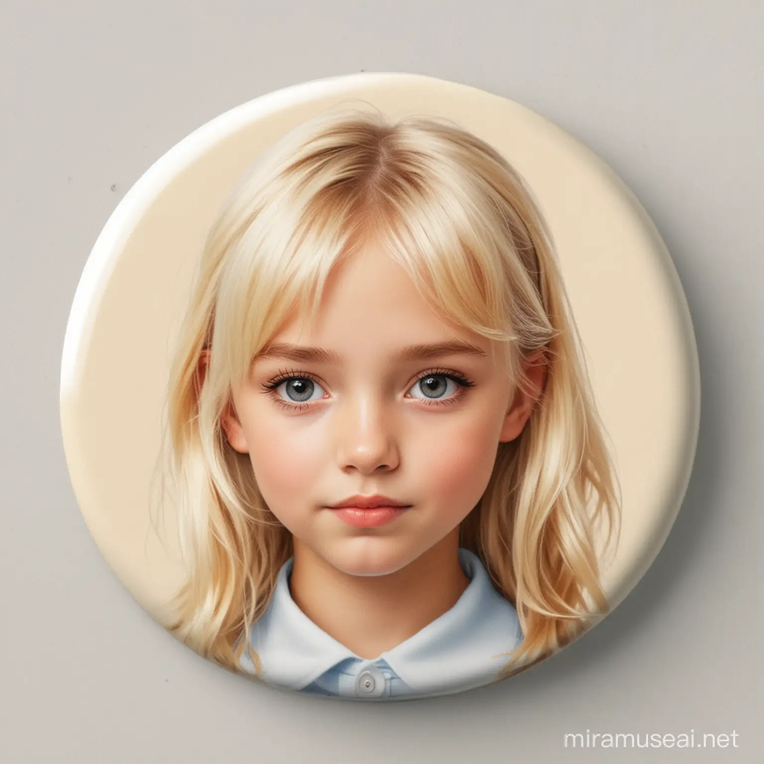 A circular badge with the head of a young girl on it Blonde and beautiful
