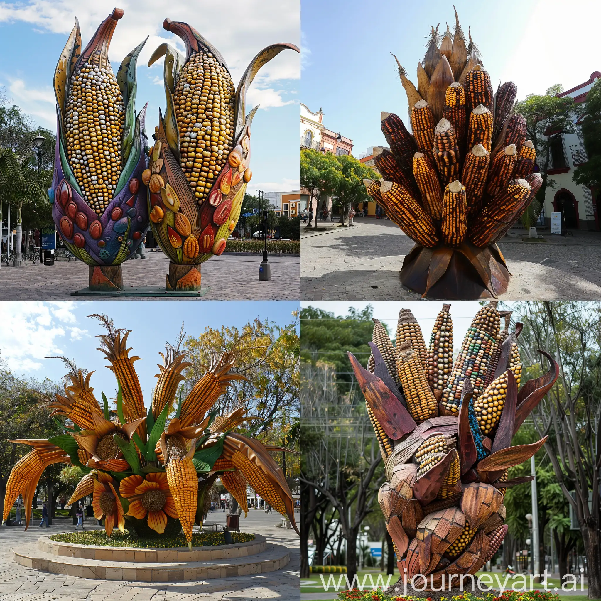 escultura urbana referente a la feria del maíz en la plaza municipal de zapopan jalisco.