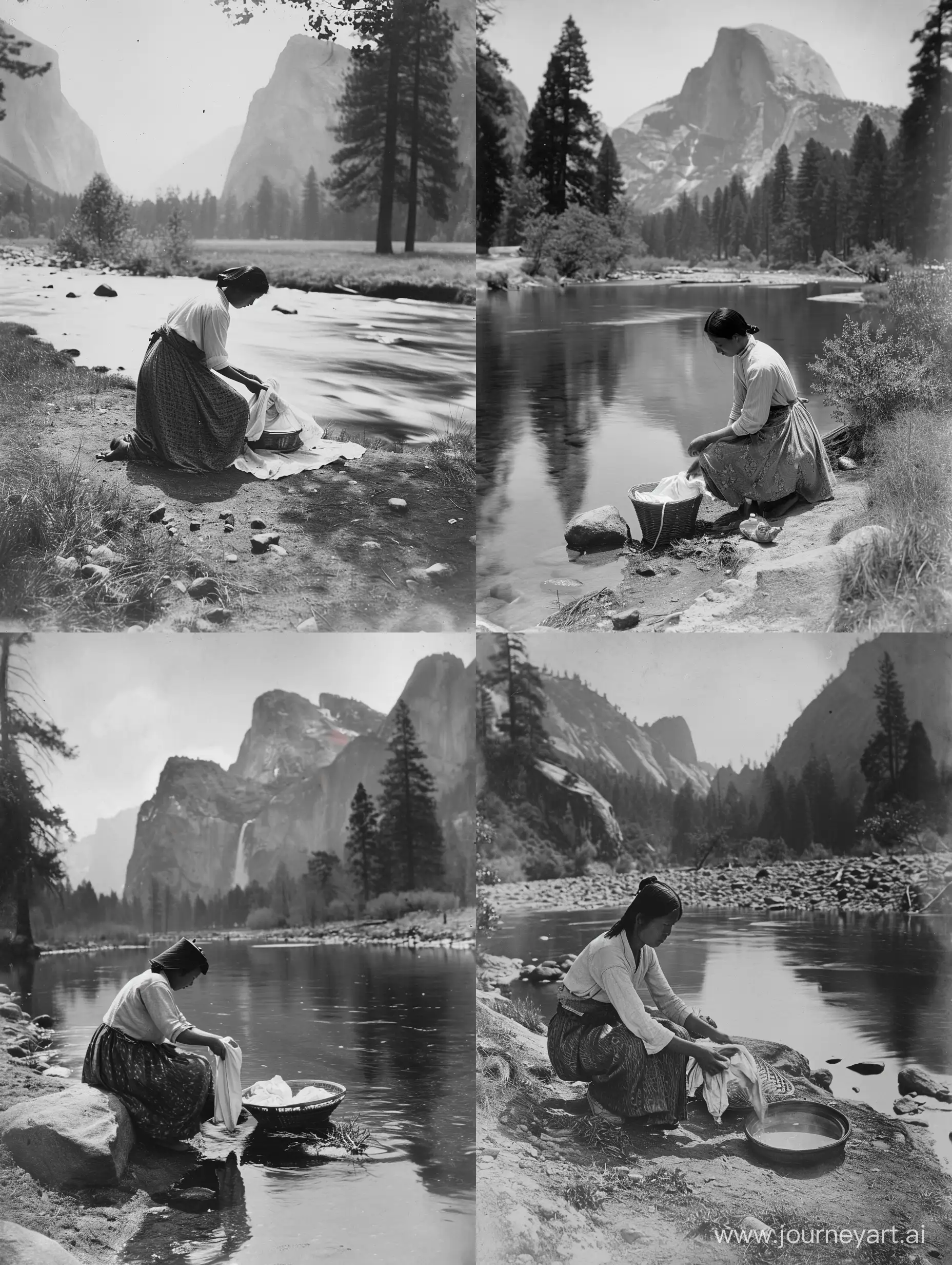 Historical black and white photographs dipicting a Chinese woman doing laundry by the river at Yosemite in the late 1800s, High Resolution

