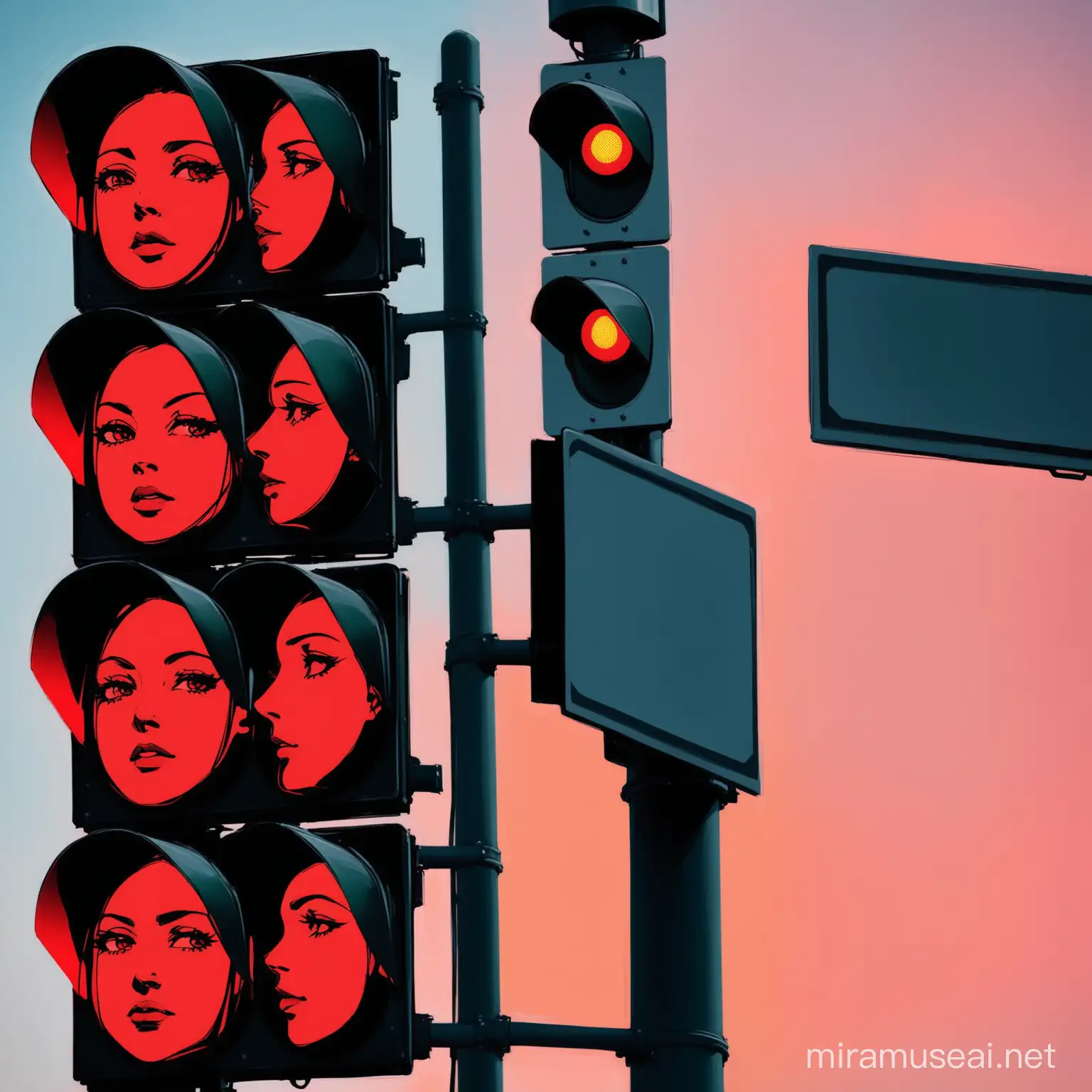 women faces in red traffic lights 