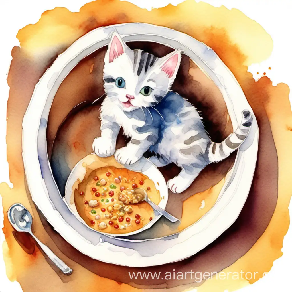 Котенок у миски с едой акварельная  иллюстрация