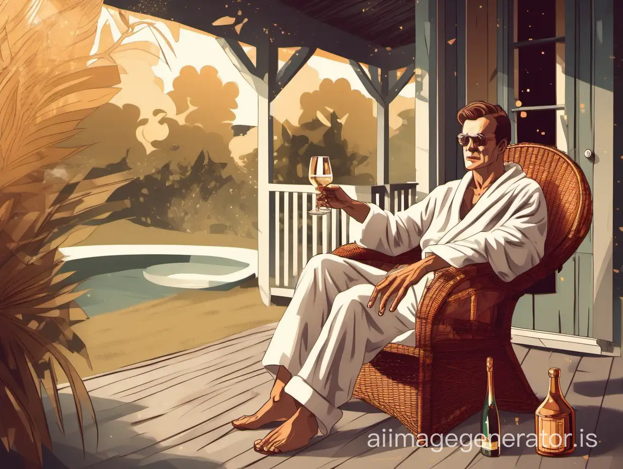 Мужчина в халате сидит в кресле-качалке из ротанга на фоне летнего домика, в одной руке он держит бокал с коньяком, рядом на столике стоит бокал шампанского, в художественном стиле