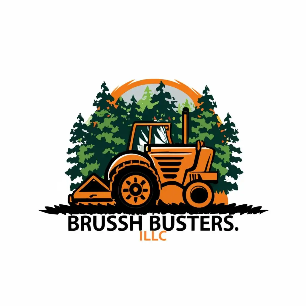 logo, Orange tractor pulling a mower behind it out of a forest, with the text "Brush Busters LLC", typography