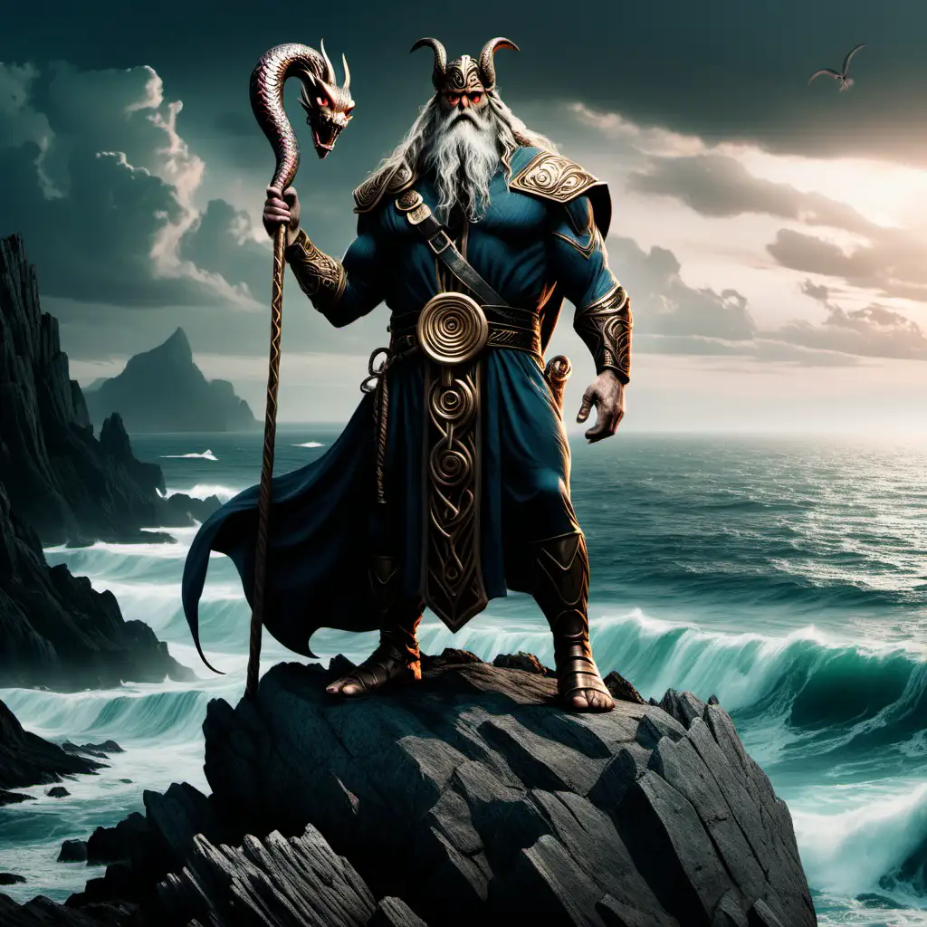 Odin the OneEyed Norse God Confronts the Serpent by the Ocean
