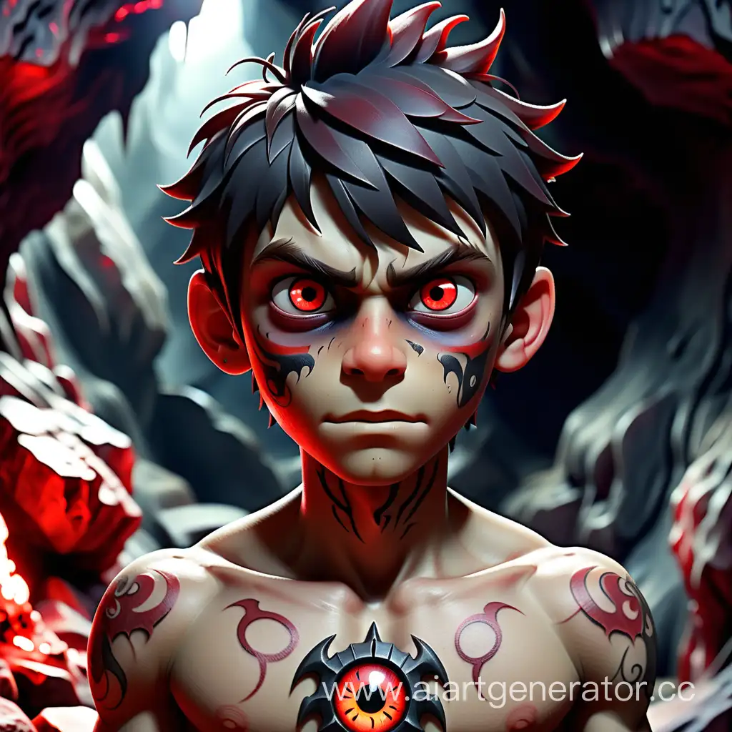tatto boy with red eyed in dark demon cave
