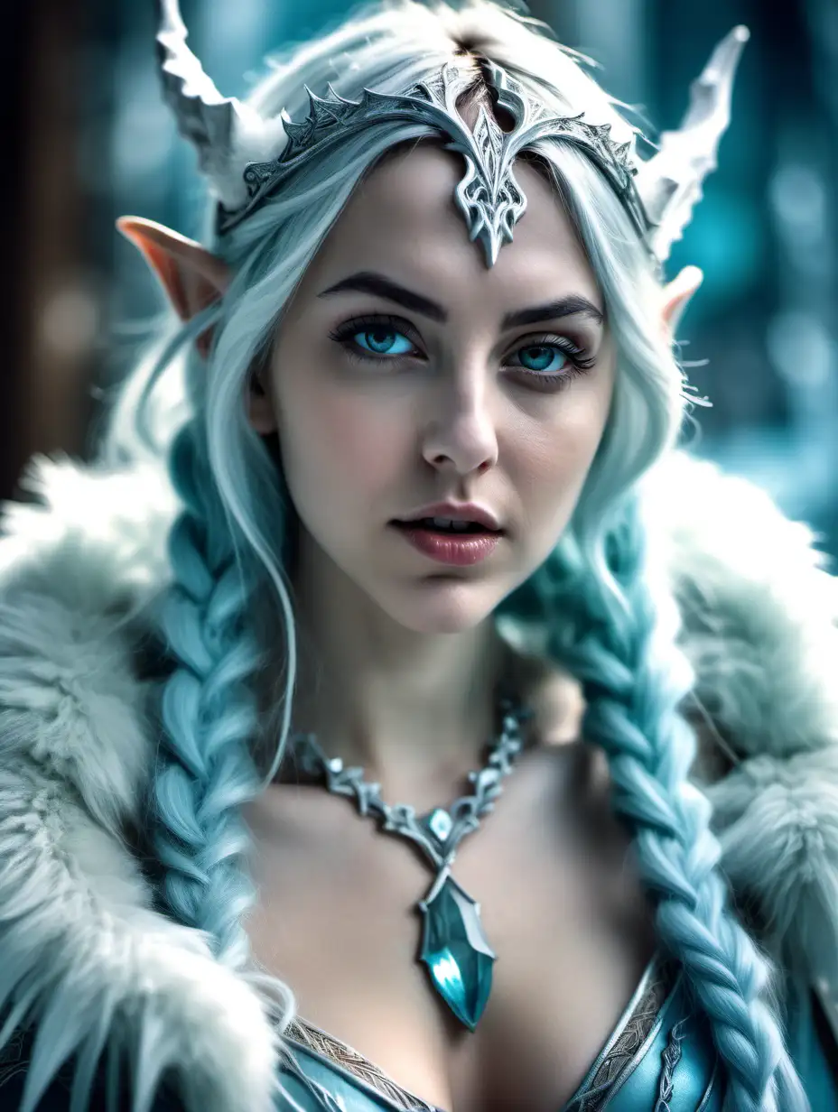 ((cinematic lighting)) Beautiful voluptuous elf princess, pale white skin, pointy elf ears, long light blue windblown hair, small icicle horns, aquamarine necklace, fur lined clothes, looks like ana de armas, fantasy style, closeup portrait, ice palace background, blurred background, closeup, photography