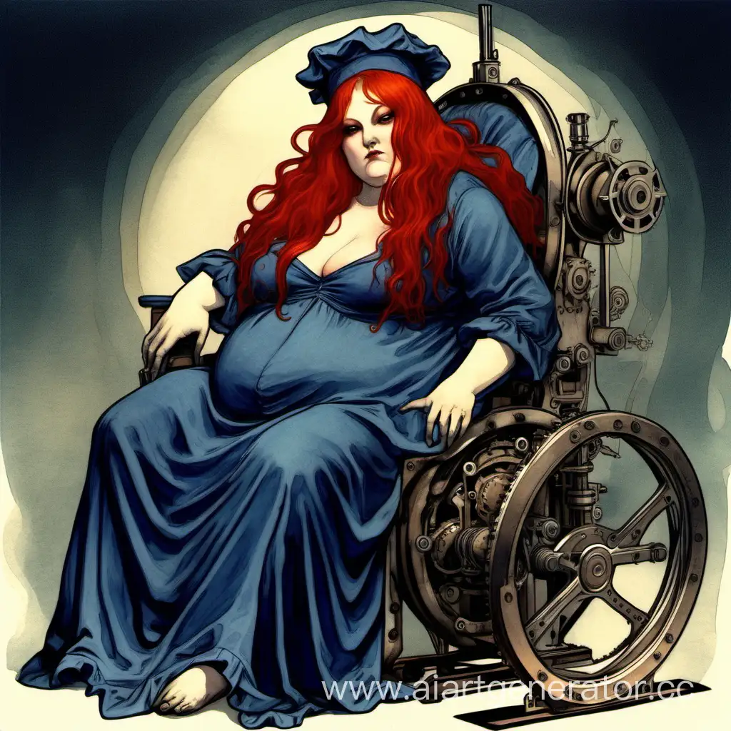 Толстая демонесса с длинными рыжими волосами, в тёмно-синей ночной сорочке и ночном колпаке, сидящая в механическом кресле на колёсах. 