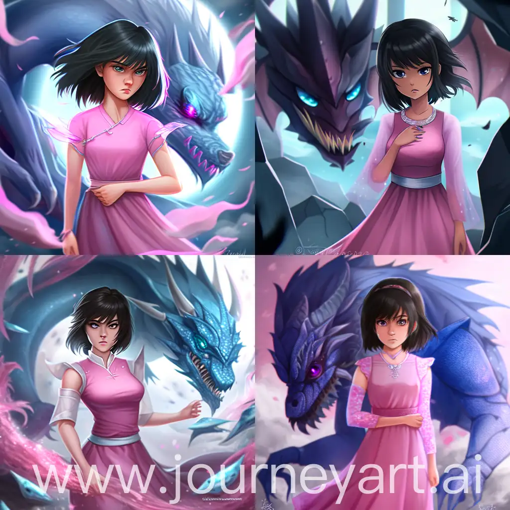 girl, brunette, brown eyes, necklace in the shape of a dragon. short shoulder-length hair, danger, shards of glass, shards of a mirror, moonbeam, background, fog, cold look, full of hatred, hair, pose: looking at the viewer: gloomy look, looking into the soul, black hair, long blue-pink dress with sleeves with black rose print, moonlight, red lips, black shadow, fog, moonlight on background, candles, paintings,