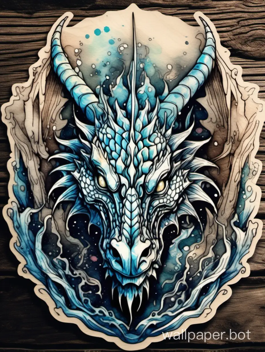 ethereal Bohemian front head of dragon,  high contrast dripped fluid watercolor, old wood texture, ornate detailed illustration, octane render, sticker style
