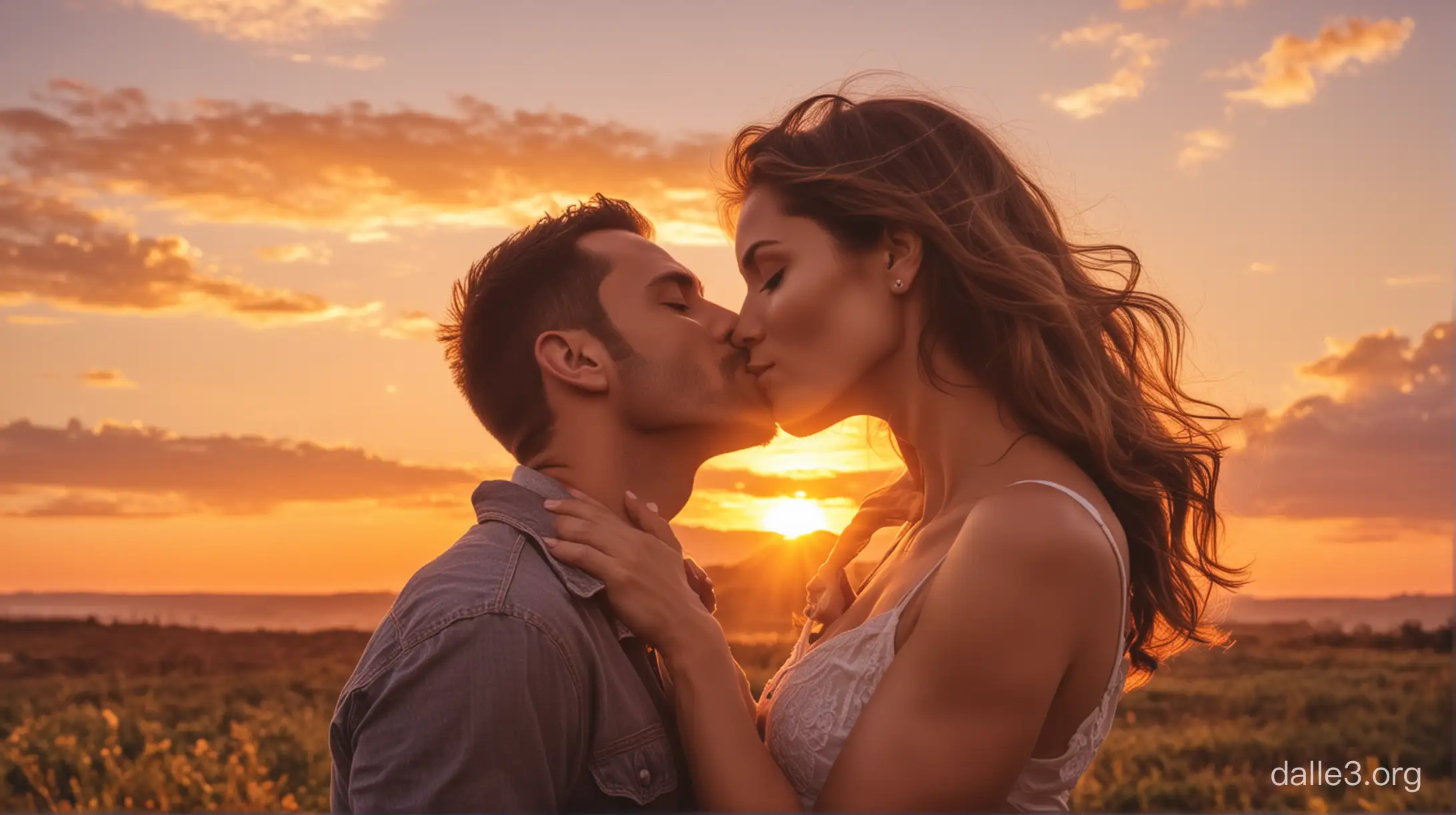 Homem beijando uma linda mulher sob um por do sol radiante