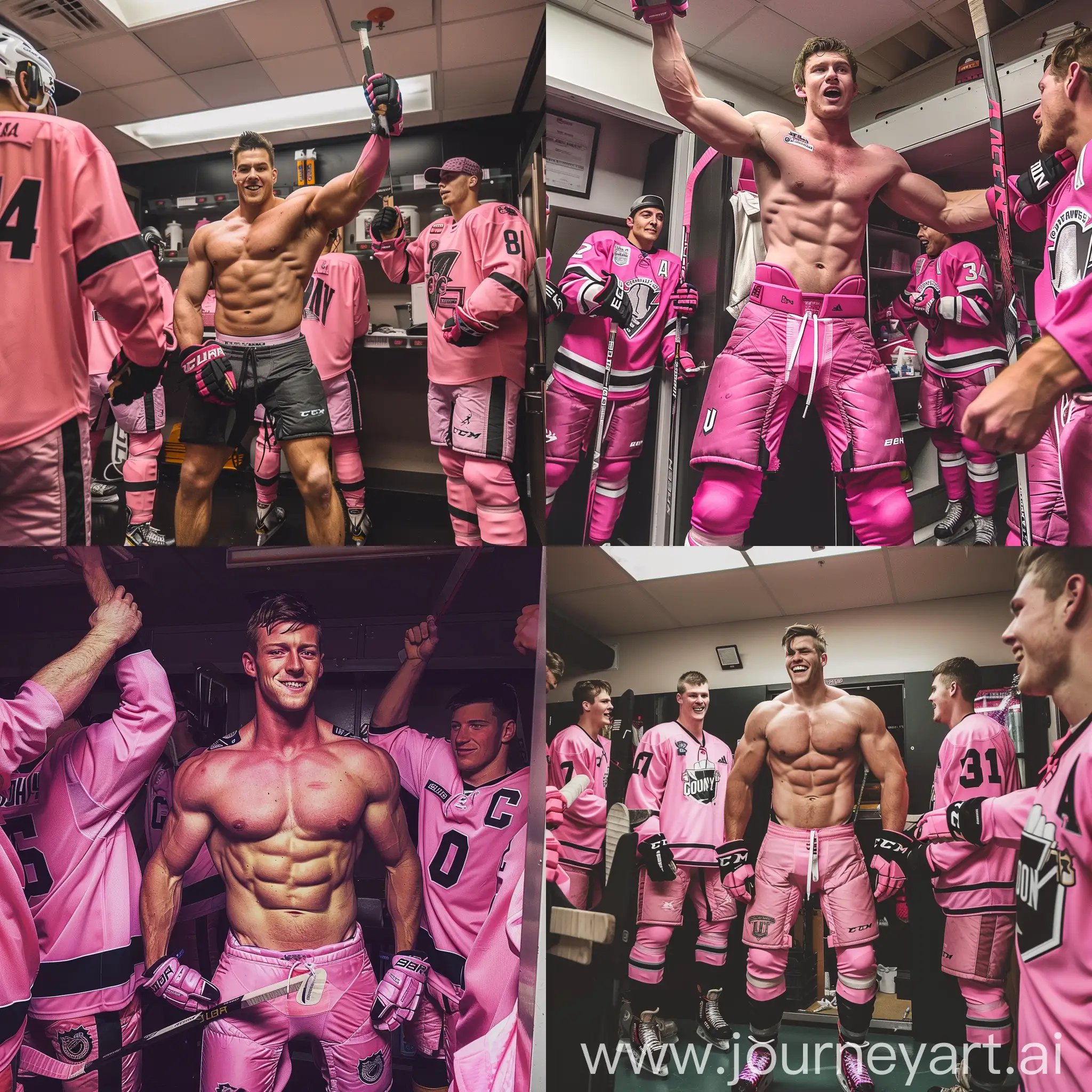 muscular college hockey player in the lockerroom. He is super ripped. His teammates are around him and are equally as ripped. Picture is in color, most of their uniform is pink. They are celebrating a tournament win.
They play for "goony u". 
