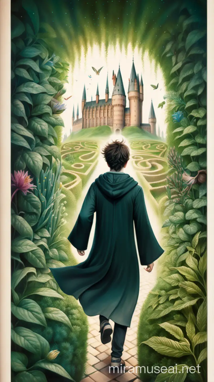 Гарри Поттер бежит по лабиринту из растений в стиле Anna Dittmann вид со спины
