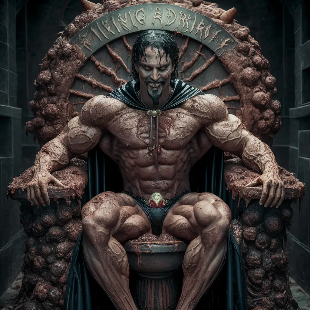 (Realistic Full body inside evil castle) Adrian is the biggest and most muscular bodybuilder in the world. He is a disgusting and evil king. He has a sinnister and perverse grinn with yellow teeth. He has wet, dark, greasy and slicked back hair and a goatee. He is wearing a black latex bodysuit and a black royal cape. Hes has enormous muscles. He is sitting on hes evil throne wich looks like a big shitstained toilet. Hes body is covered in shit. The name Adrian is written in hes throne.