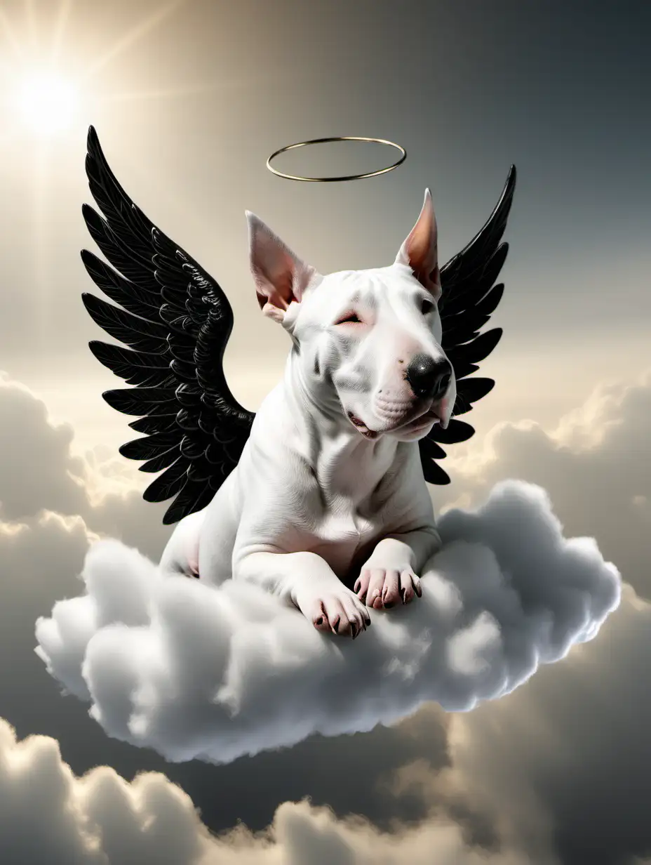 a  bull terrier white with a  black in left face with angel wings sleeping on
the clouds, in the style of
realistic usage of light and
color, illustration, light
amber and silver, 
realistic
--ar 2:3 --v 5.1 --s 200 --q2
