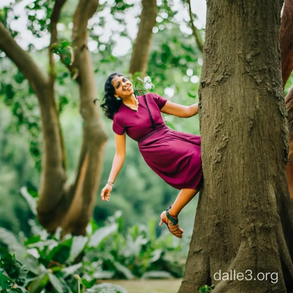 A photograph of indian woman of age 20 wearing frock climbing a tree. 