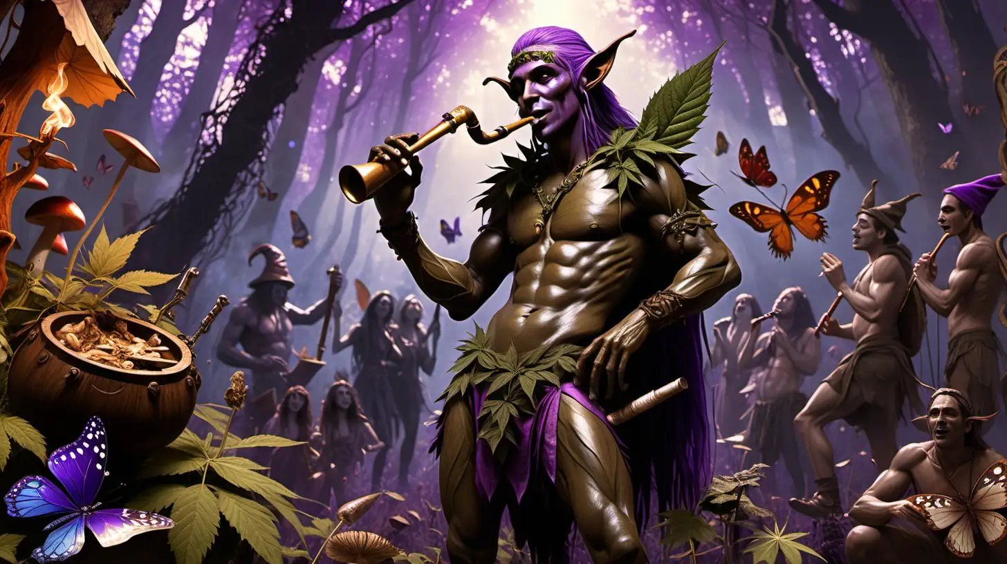 Wood Elf Musician Surrounded by Cannabis Leaves and Butterflies