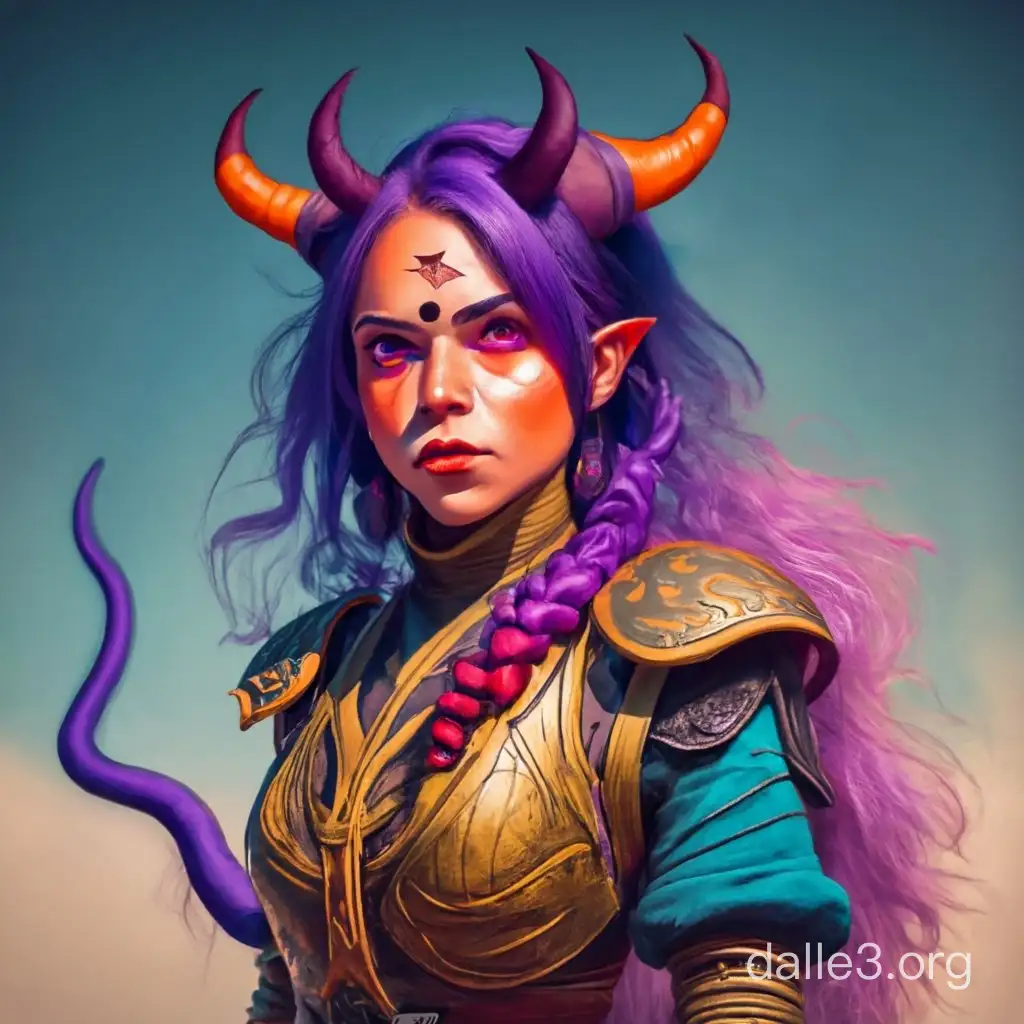 Tiefling sorcerer girl with orange skin purple hair round large horns and long tail