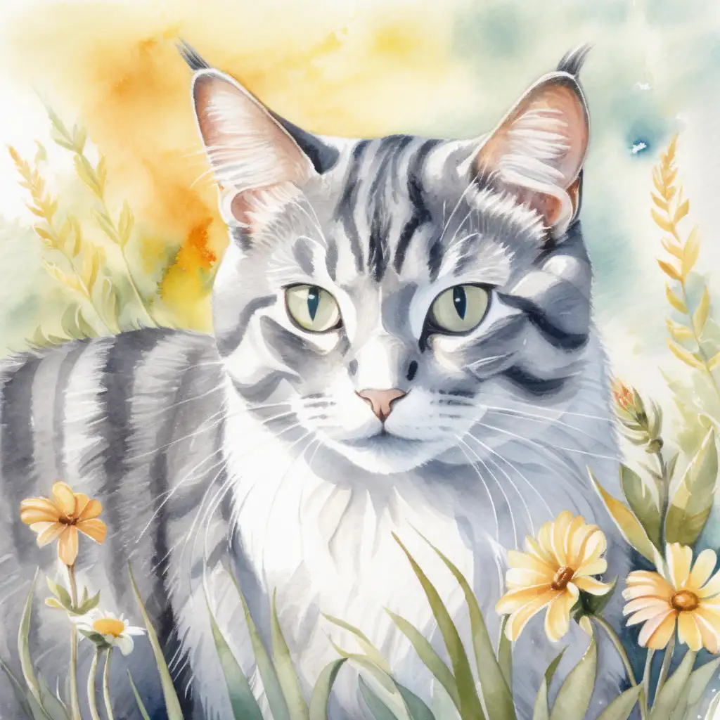 Gray and White Striped Cat in Summery Watercolor Setting