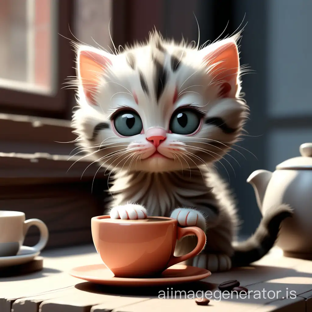 котенок с чашечкой кофе