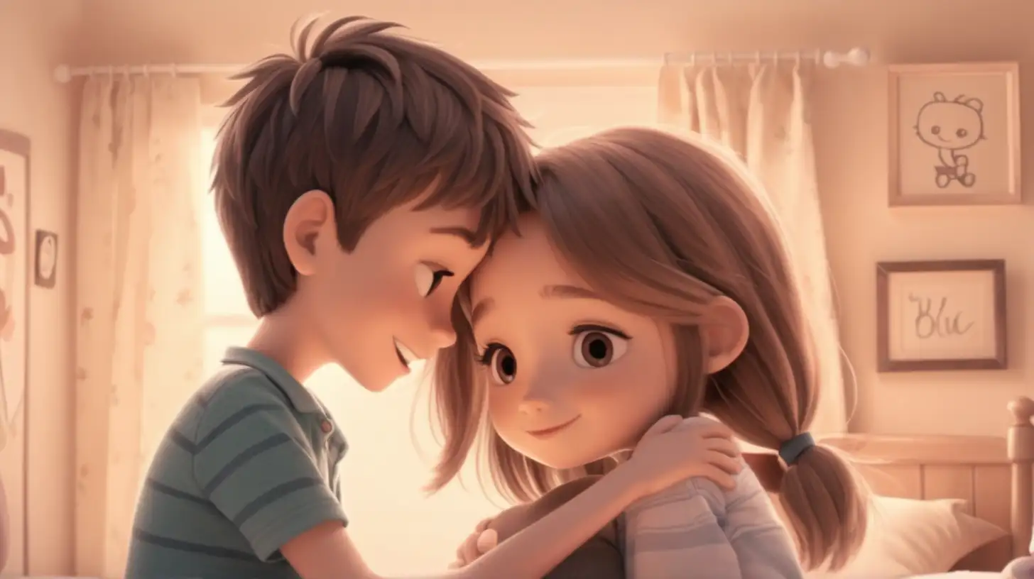 A sweet and romantic animation illustrating a boy surprising the girl with a gentle hug from behind.