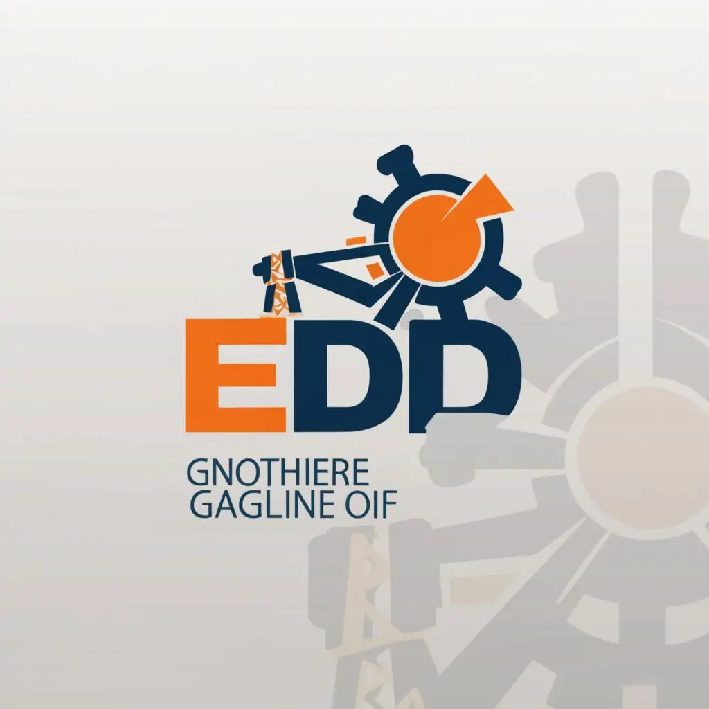 Make a logo with the letters EDD and include a symbol that represents an oil drilling pump, a mechanical gear, and a flat construction. Also, make it moderately sized with a clear background and use the color orange.