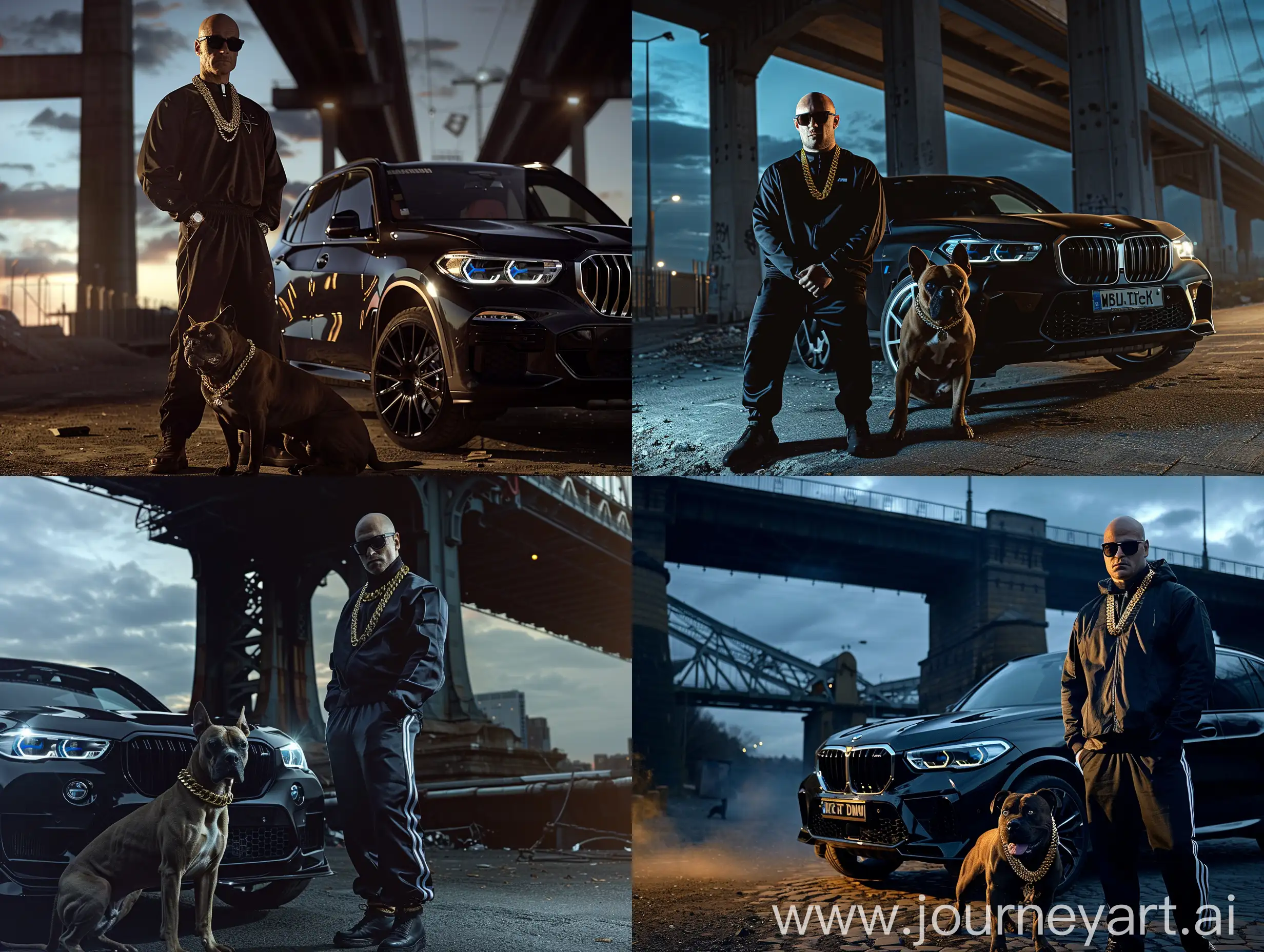 Неизвестный лысый мужчина, тёмные очки, спортивный костюм, золотая цепочка на шее, рядом с ним питбуль, вечер, чёрный BMW x5m, действие происходит под мостом, реализм