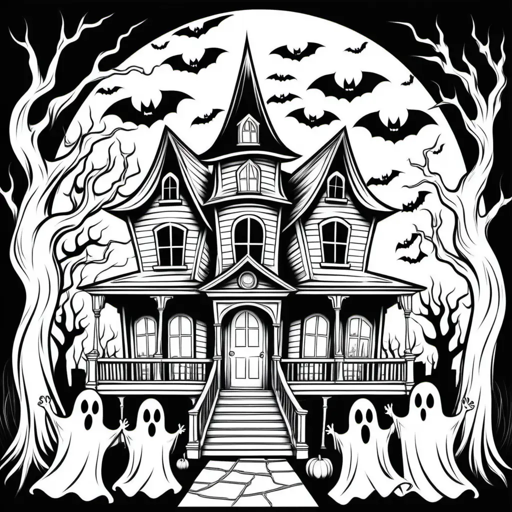 simple black and white halloween coloring book of scary haunted house with ghosts

