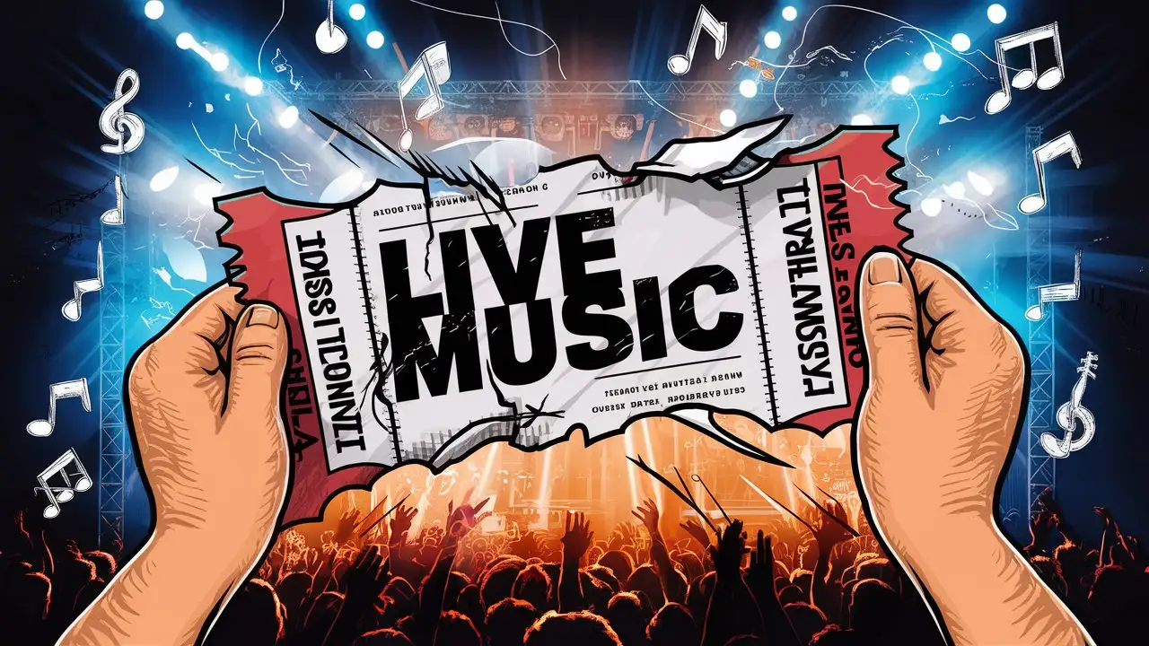 "LIVE MUSIC":: a concert ticket called "LIVE MUSIC" is being torn up