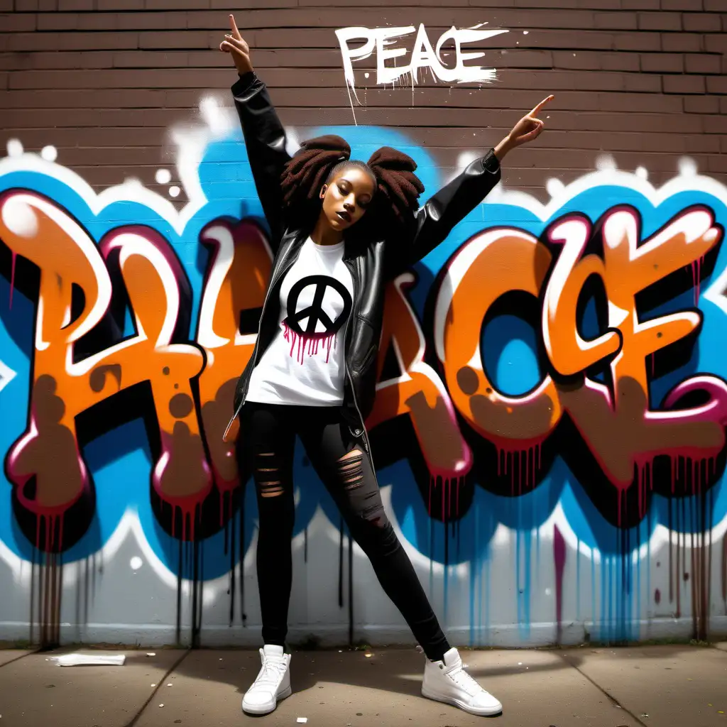 create a graffiti art style  image of the word peace with dripping paint in the background in front should be an african american woman  dressed in urban hip hop clothing and her hair is in a brown Afro ponytail, she is spray painting the peace word