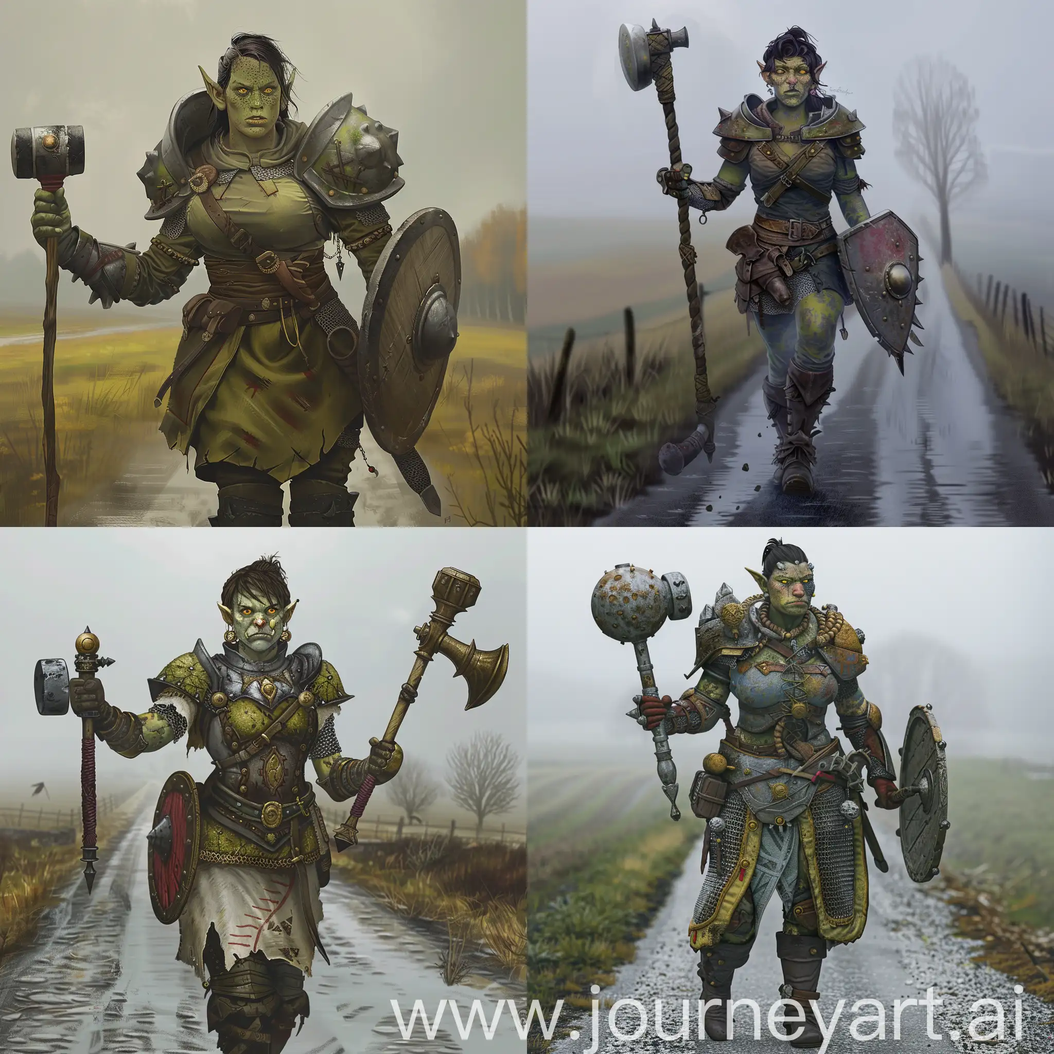 Strong-HalfOrc-Knight-with-Battle-Mace-and-Shield-on-Country-Road-in-Fog