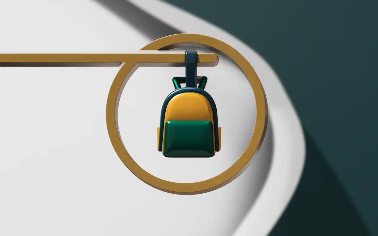 Logo: Very small backpack(simplified, golden, green, navy blue) hanged from the rod inner an elongated oval shape(white, horizontal, golden green border).
Background: white