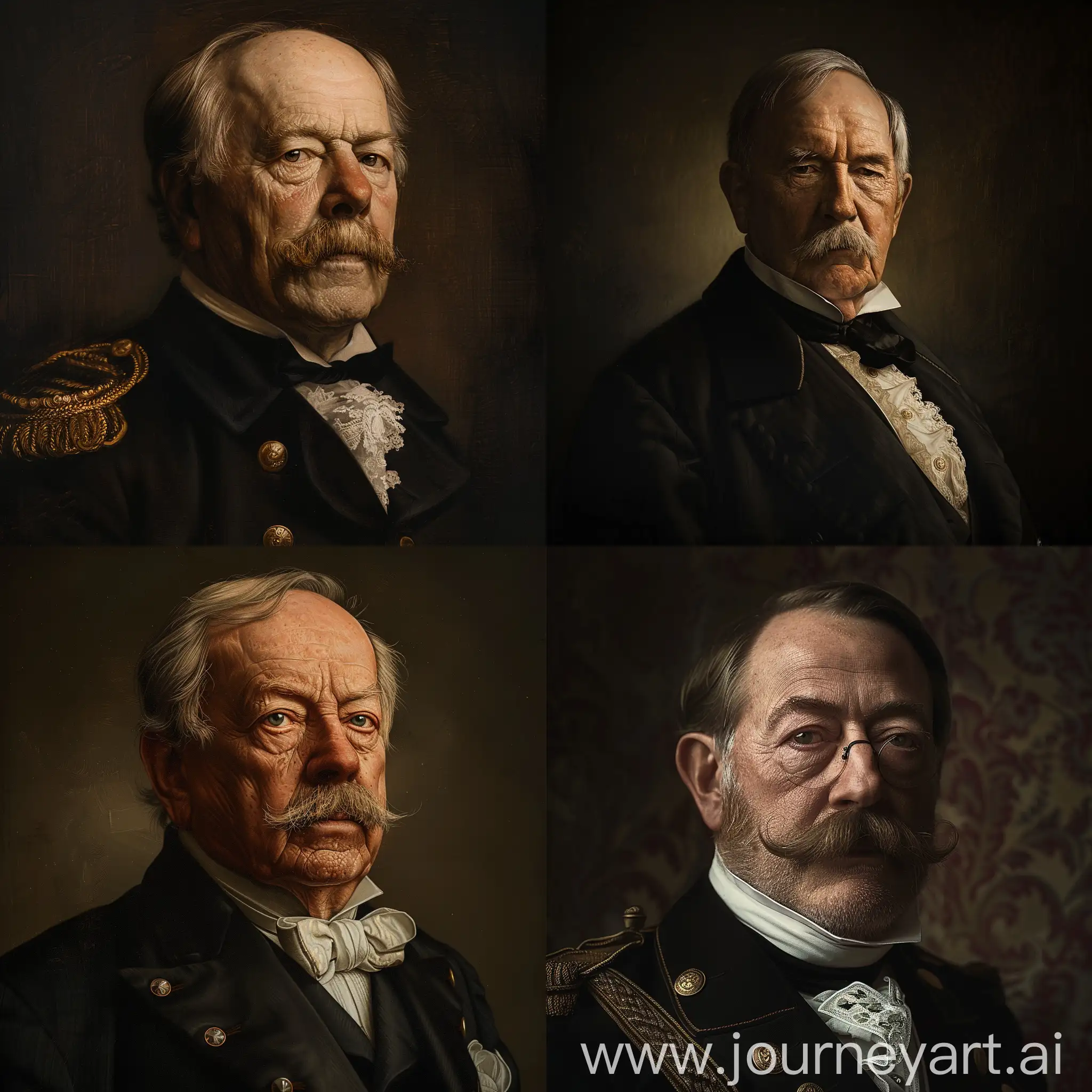 Realistic portrait of Otto von Bismarck, chiaroscuro lighting, detailed facial features, period-accurate attire, historical European setting, subtle textures, dramatic shadows