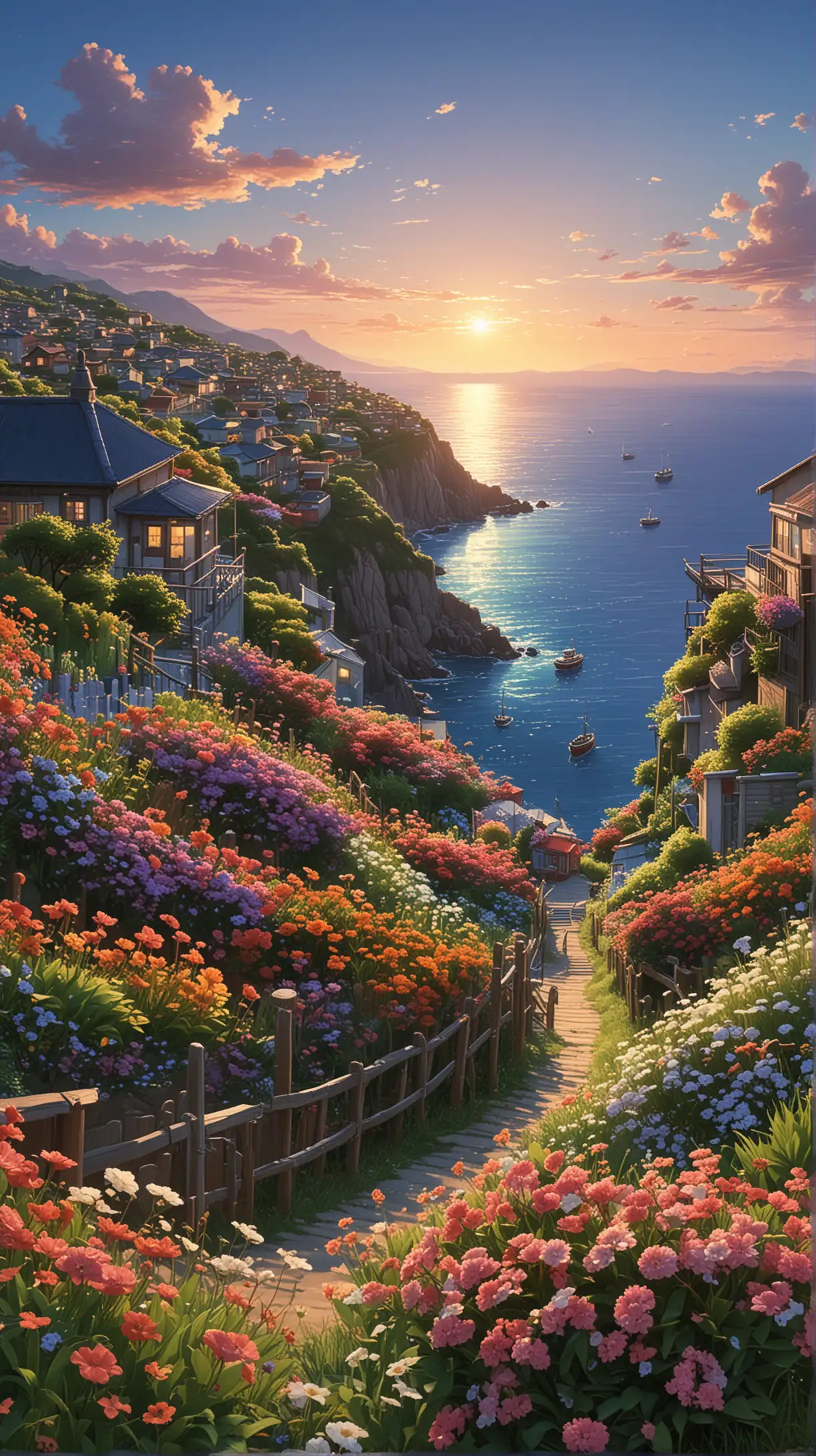 from neighbourhood village on hill view to the sea and some ships, bush of variant vibrant flowers, plants, beautiful evening sky,  8k re beautiful evening sky,  8k render, illustration, anime, acrylic palette knife, trending pixiv fanbox, studio ghibli style, makoto shinkai, stable diffusion, 3D render, ultra ultra detailed, best composition, best quality, 