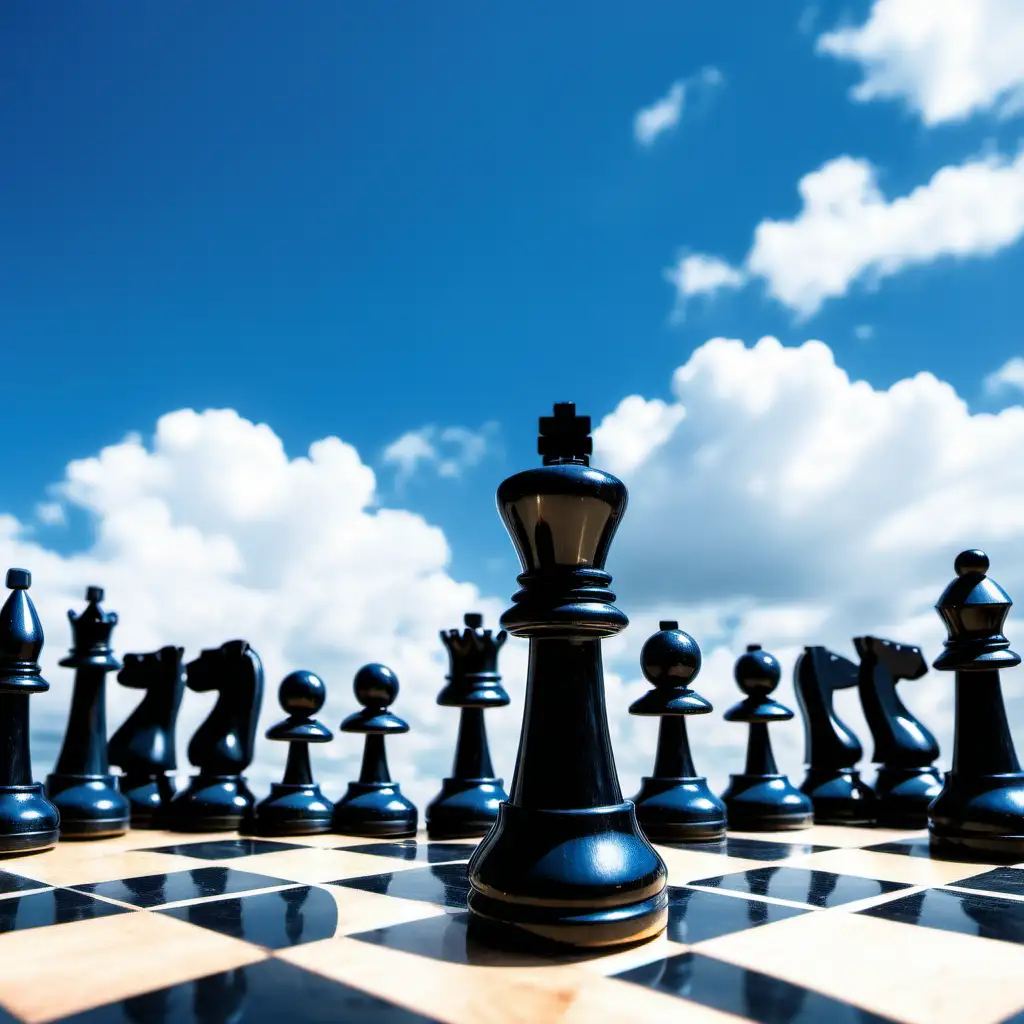black chess pieces on
 chessboard with blue cloudy sky backgroound