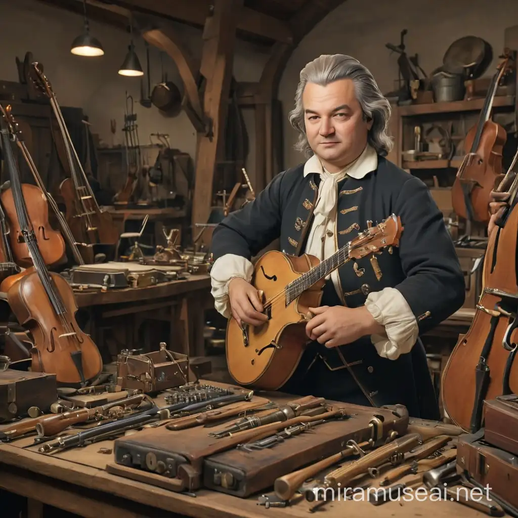 Johann Sebastian Bach in 17th Century Attire Working on 1956 Corvette Surrounded by Musical Instruments
