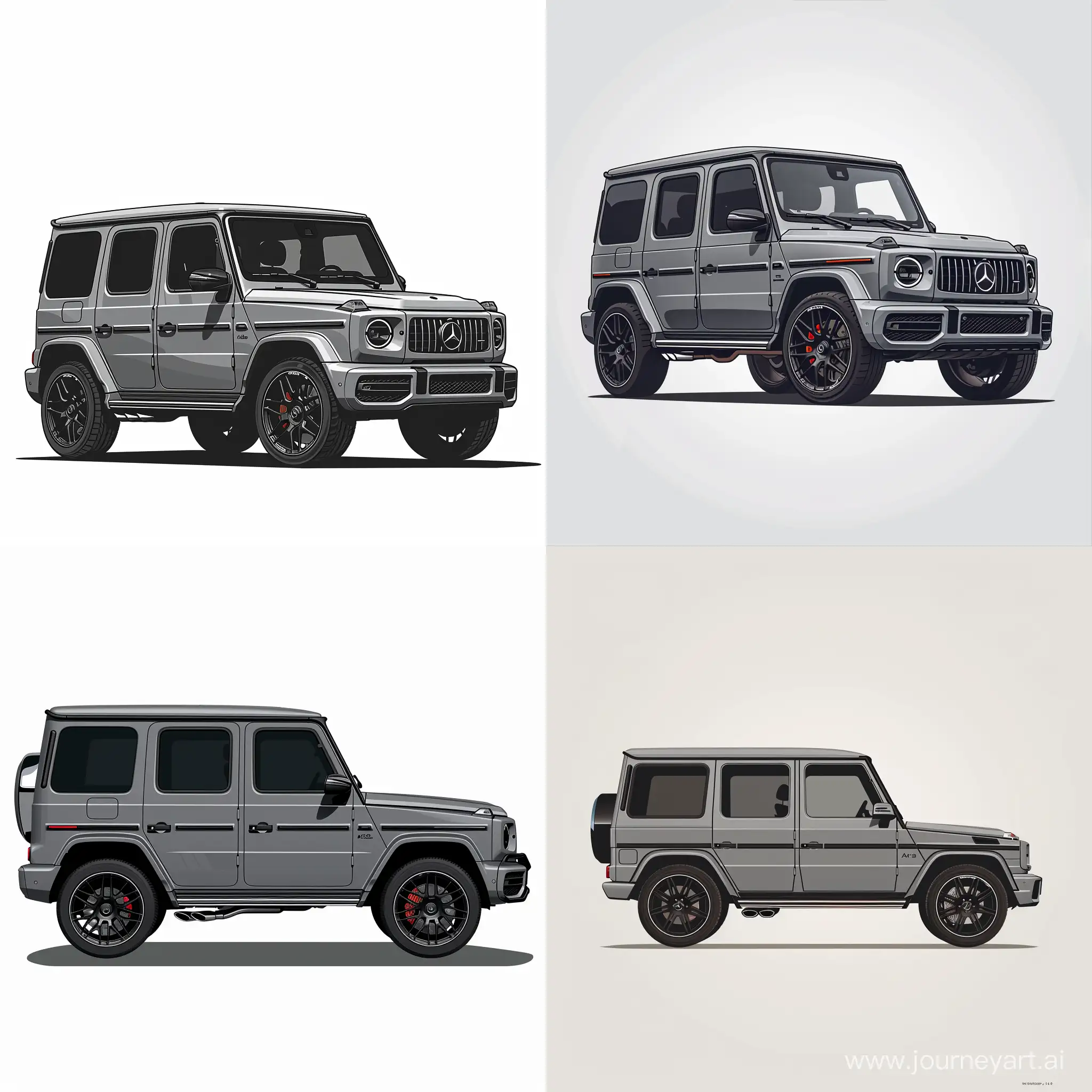 Minimalist 2D 2/3 View Illustration of: Gray Mercedes Benz G63, Simple White Background, Adobe Illustrator Software, High Precision