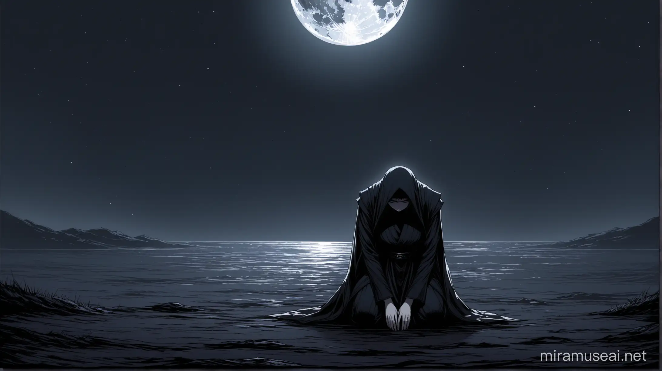 Moonlit Figure Kneeling in Darkness