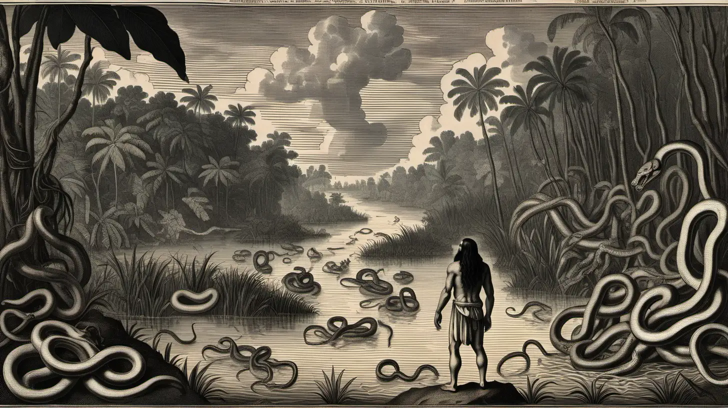 Solitary 16th Century Spanish Man Submerged in Amazon Waters Amidst Rain and Jungle