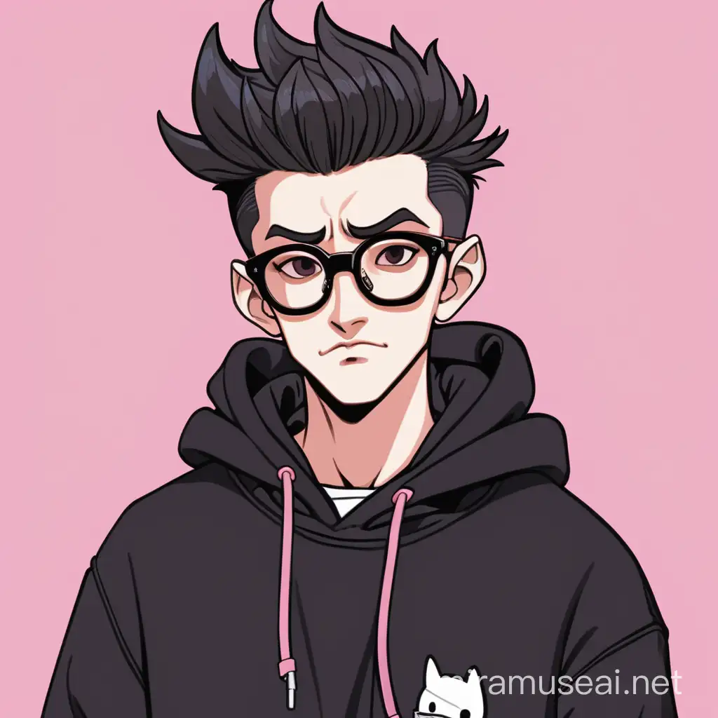 cool,hacker,black hoodie,glasses,quiff hairs,aesthetic,handome,psycho,oblong face,m shape harirline,big nose,small mouth,pink background,animated,cartoonish

