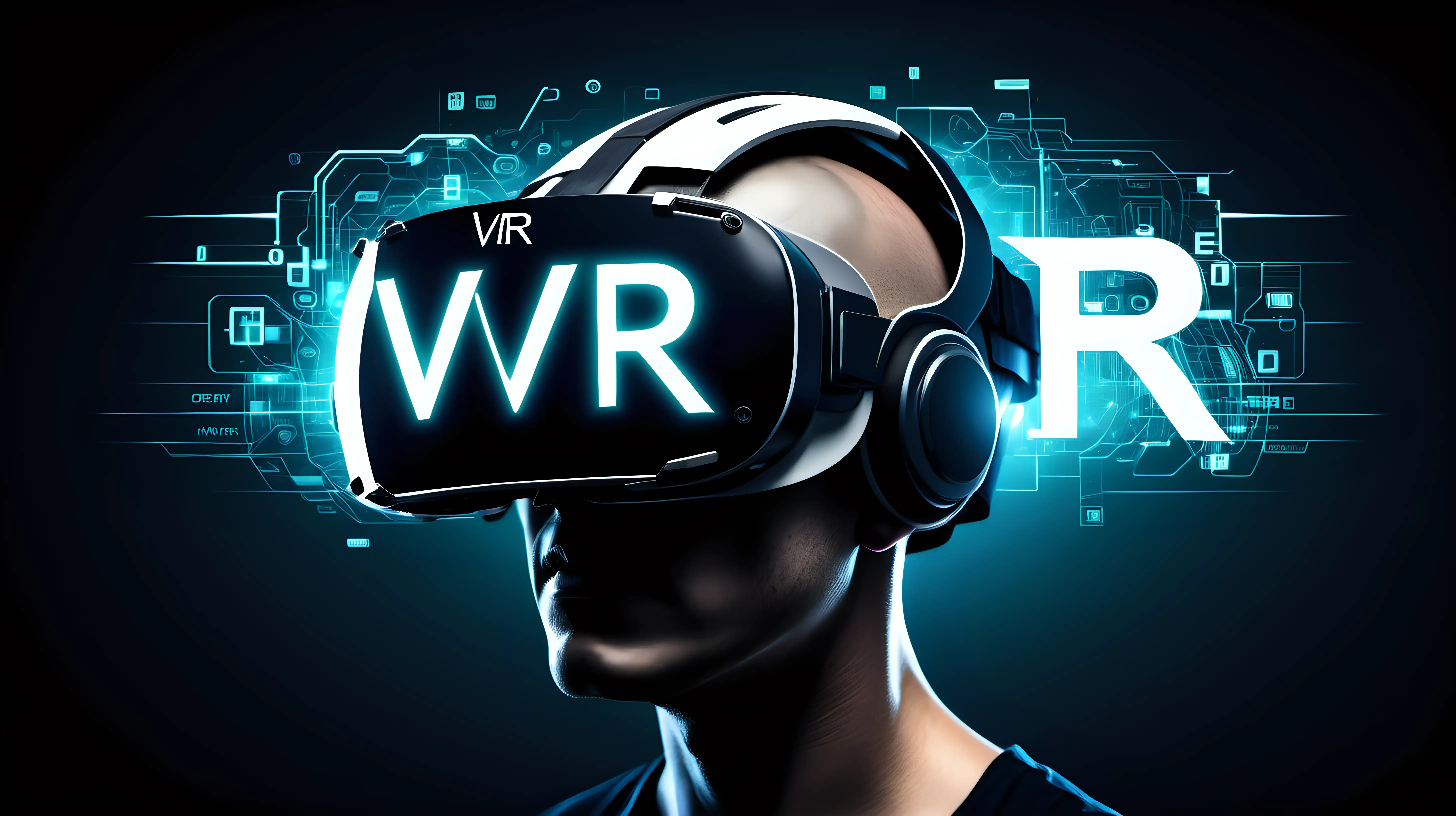 A digital interface displaying "VR" in futuristic fonts, integrated into a high-tech helmet worn by a cybernetic being, emphasizing the immersive nature of virtual reality experiences.