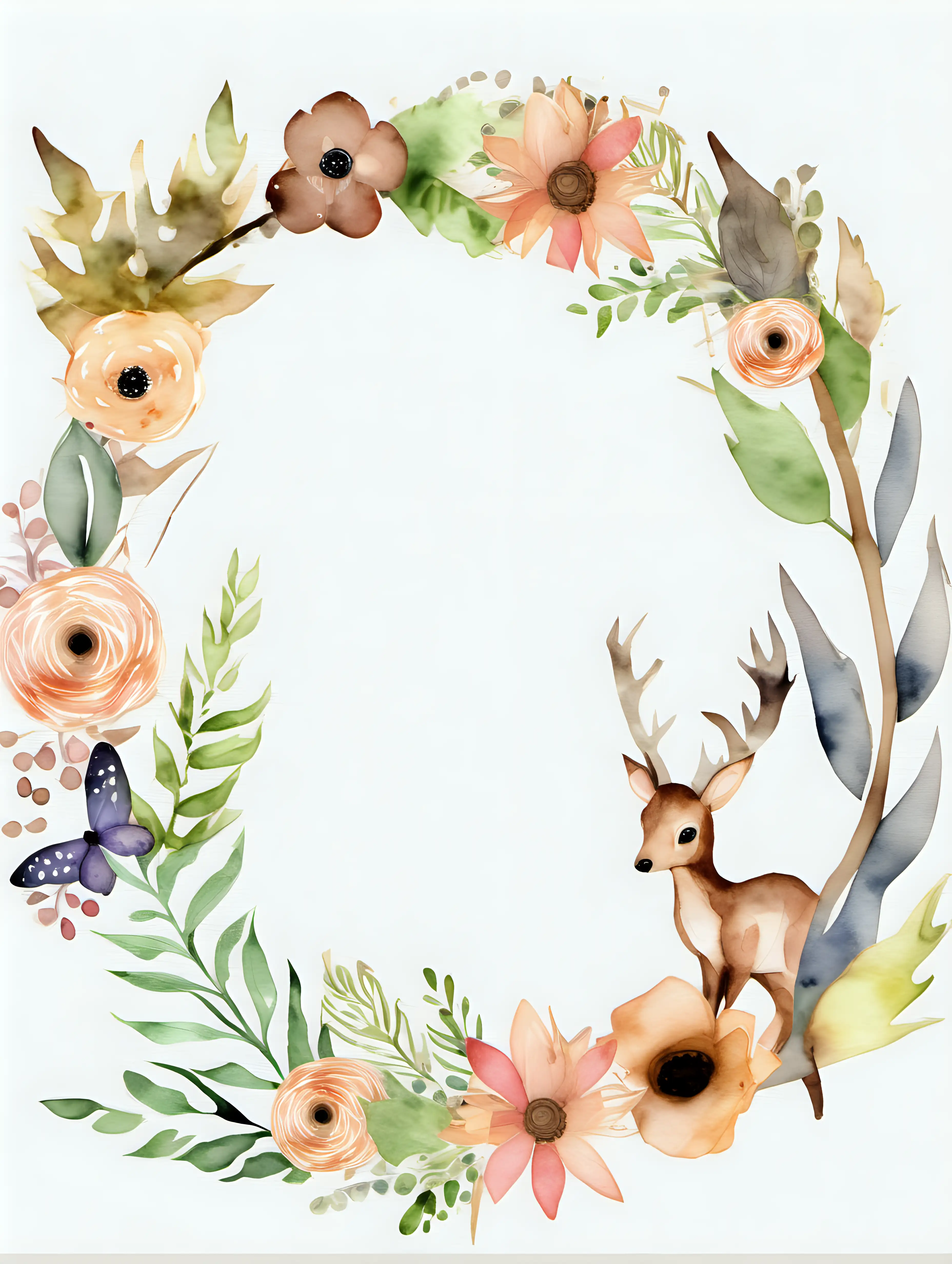 watercolour boho woodland wreath clipart, isolated background, suitable for a nursery